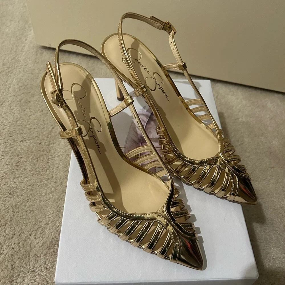 Jessica Simpson Metallic Gold Strappy Pointed Slingback Heels